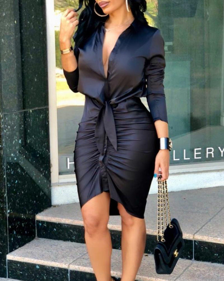 Women Lace-up Solid Color Long Sleeve Midi Dress Shirt Dress Elegant Fashion Party Dress - Minerva Mart