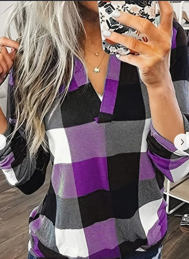 Stylish Plaid Flannel Shirt - Soft Long Sleeve V-Neck Top With Relaxed Fit For Everyday Wear, Women's Casual Clothing For Autumn And Winter Season - Minerva Mart