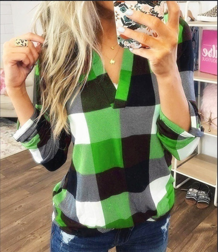 Stylish Plaid Flannel Shirt - Soft Long Sleeve V-Neck Top With Relaxed Fit For Everyday Wear, Women's Casual Clothing For Autumn And Winter Season - Minerva Mart