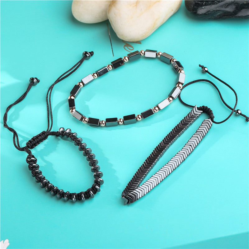 Men’s Black Iron Stone Flying Saucer Bracelet Set – 3-Piece Woven Layered Design