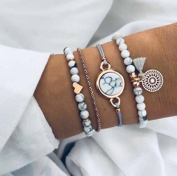 Geometric Hollow Fringed Pine Stone Bracelet – 4-Piece Set