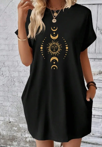 Vibrant Graphic Print Tee Dress - Comfortable Short Sleeve Crew Neck Design, Relaxed Fit, Breathable Fabric, Perfect For Summer & Spring, Women's Casual Clothing - Minerva Mart