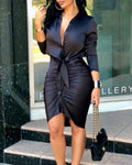 Women Lace-up Solid Color Long Sleeve Midi Dress Shirt Dress Elegant Fashion Party Dress - Minerva Mart