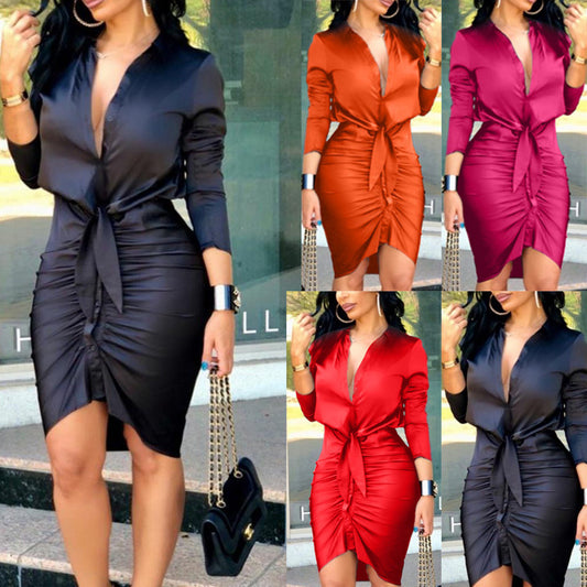 Women Lace-up Solid Color Long Sleeve Midi Dress Shirt Dress Elegant Fashion Party Dress - Minerva Mart