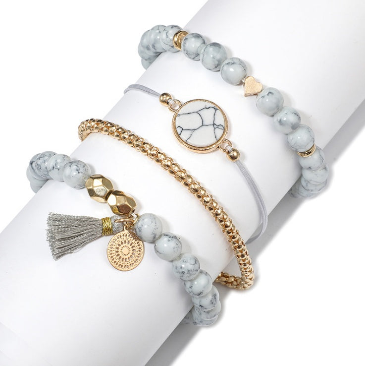 Geometric Hollow Fringed Pine Stone Bracelet – 4-Piece Set