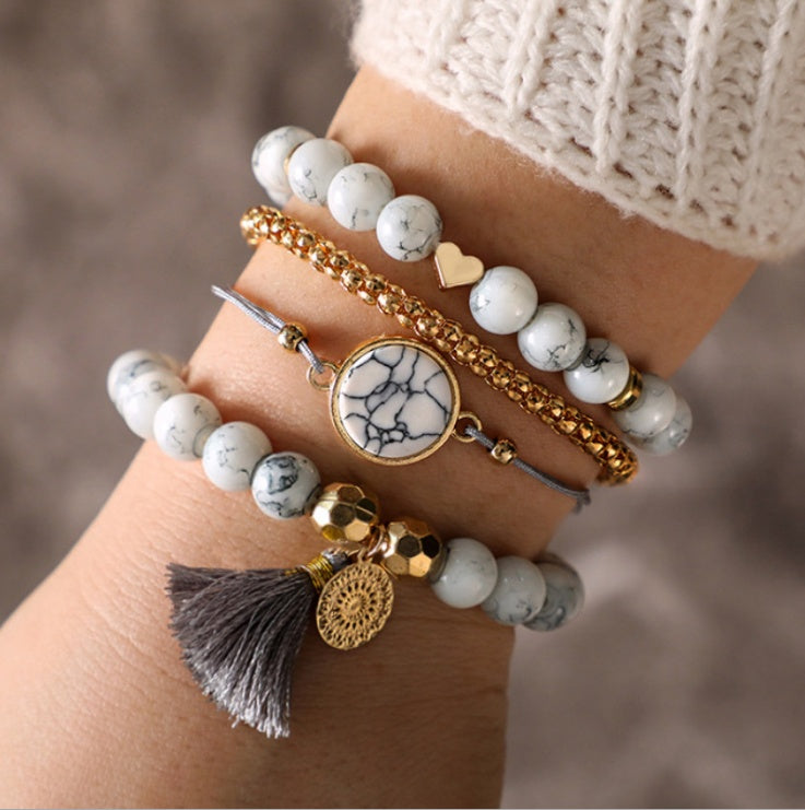 Geometric Hollow Fringed Pine Stone Bracelet – 4-Piece Set