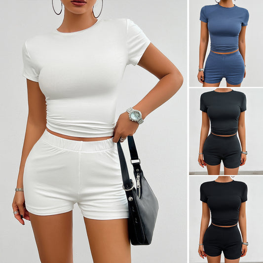 Solid Color Slim Sports Suit Summer 2Pcs Short-sleeved Round Neck T-shirt And Elastic Shorts Fashion Womens Clothing - Minerva Mart