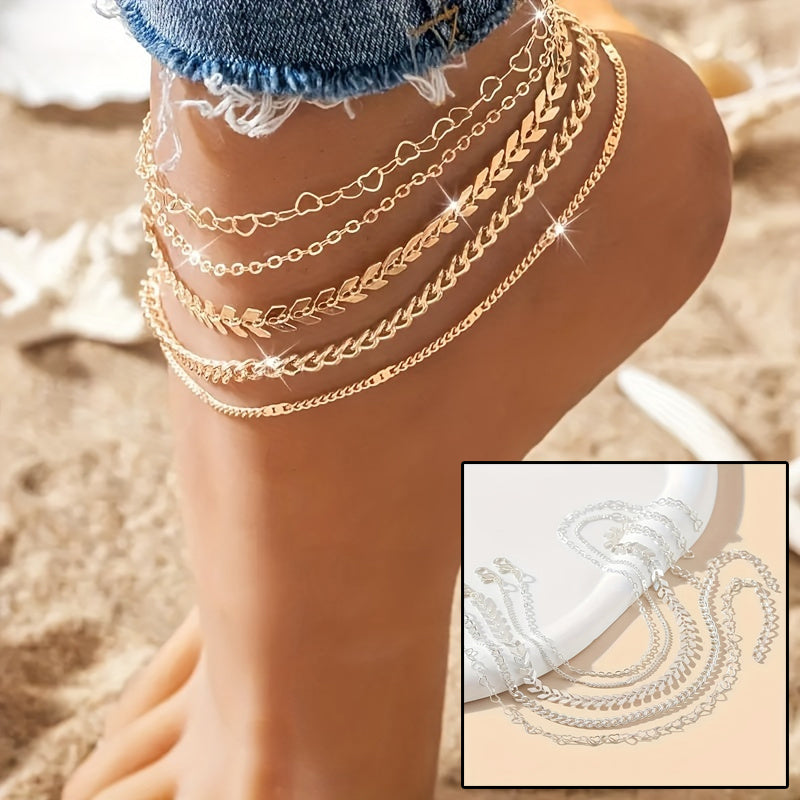 5-Piece Boho Beach Anklet Set – Heart, Airplane & Chain Charms