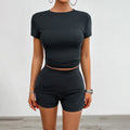 Solid Color Slim Sports Suit Summer 2Pcs Short-sleeved Round Neck T-shirt And Elastic Shorts Fashion Womens Clothing - Minerva Mart