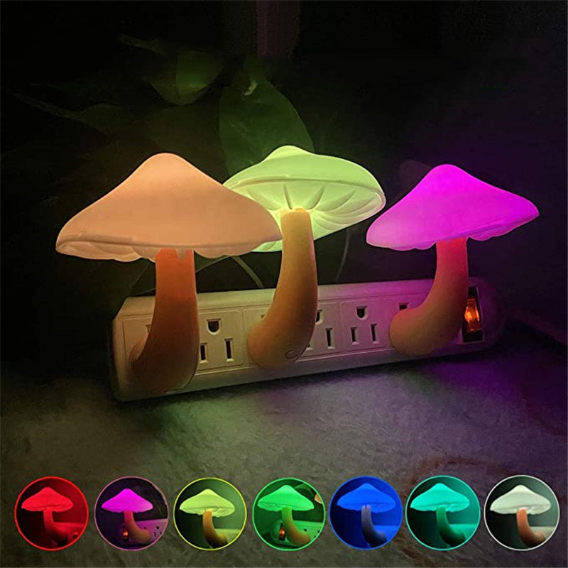LED Night Light Mushroom Wall Socket Lamp EU US Plug Warm White Light-control Sensor Bedroom Light Home Decoration - Minerva Mart