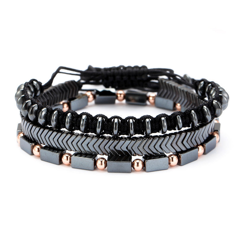 Men’s Black Iron Stone Flying Saucer Bracelet Set – 3-Piece Woven Layered Design