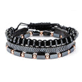 Men’s Black Iron Stone Flying Saucer Bracelet Set – 3-Piece Woven Layered Design