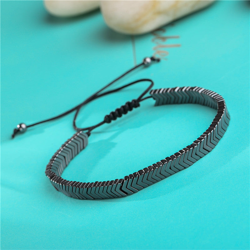 Men’s Black Iron Stone Flying Saucer Bracelet Set – 3-Piece Woven Layered Design
