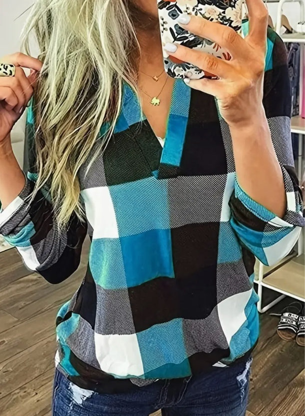 Stylish Plaid Flannel Shirt - Soft Long Sleeve V-Neck Top With Relaxed Fit For Everyday Wear, Women's Casual Clothing For Autumn And Winter Season - Minerva Mart
