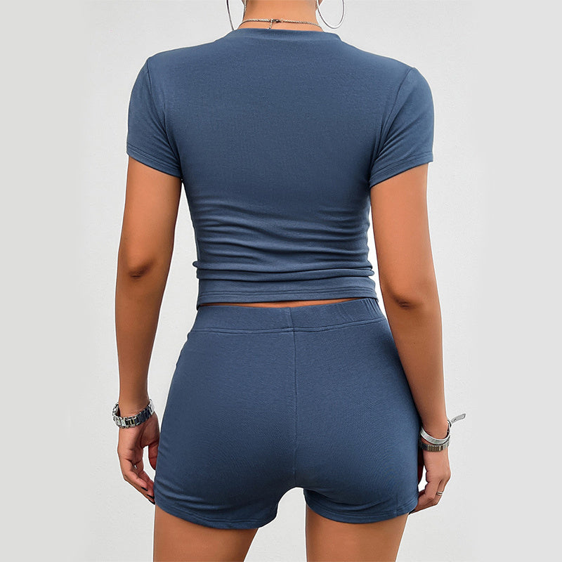 Solid Color Slim Sports Suit Summer 2Pcs Short-sleeved Round Neck T-shirt And Elastic Shorts Fashion Womens Clothing - Minerva Mart